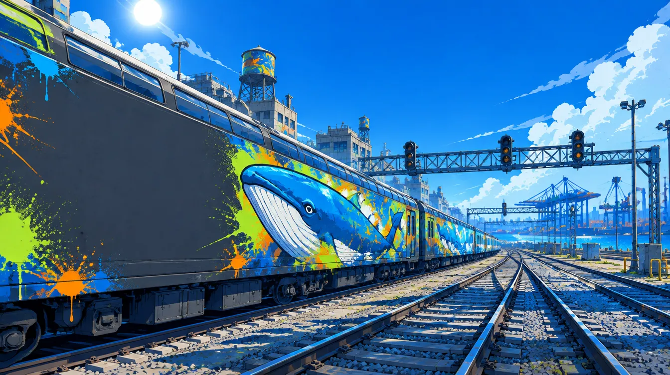 Rail Yards: kereta komuter bergrafiti melintas, gambar paus biru di salah satu gerbong